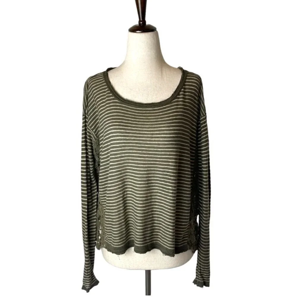 Free People Olive Green Stripe Crochet Sides Linen Blend Long Sleeve Top Size XS